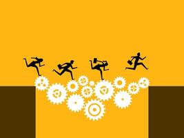 Solve the problem together. Business team runs through the gap with gears vector
