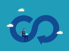 businessman sitting on a laptop in the middle of a circle with a cloud in the background vector