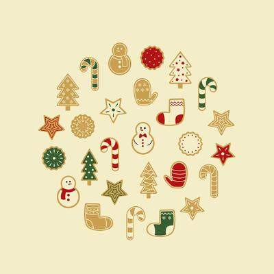 Large festive set of traditional Christmas baked goods on a light background. Ginger cookies in the shape of a Christmas tree, snowman, mitten, star, candy cane.