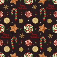 Seamless, festive, colorful pattern of Christmas elements. Cookies, caramel, candy cane, candy. vector
