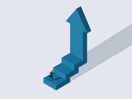 isometric business growth concept with a man climbing up the stairs to the top of the arrow vector