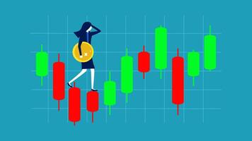 a woman is standing on a chart of an upward trend vector