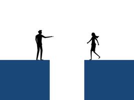 a man and woman standing on a platform, one pointing to the other vector