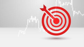 Illustration of target towards goal with precise red dart and stock market graph on white background. Symbol of success in business, leadership, teamwork, and plans to achieve goals. vector