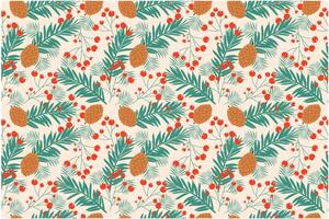 Seamless pattern with fir tree branch, gold cones and red berries. Hand drawn design. vector