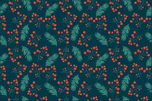 Bright seamless winter pattern with fir tree branch and red berries. Hand drawn design on dark blue background. vector