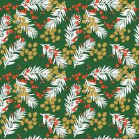 Bright seamless winter pattern with dark fir tree branch, gold and red berries. Hand drawn design on green background. vector
