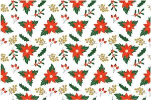 Winter seamless pattern with poinsettia, red and gold berries. Hand drawn design. vector
