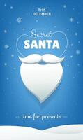 Secret Santa vertical banner design with white beard and snowflakes on blue background. Time for presents vector