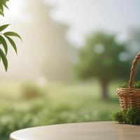 Natural product podium background with basket photo