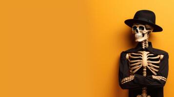 a skeleton in a hat and suit on an orange background with an empty place for text photo