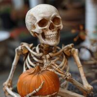Halloween smiling skeleton with pumpkin photo