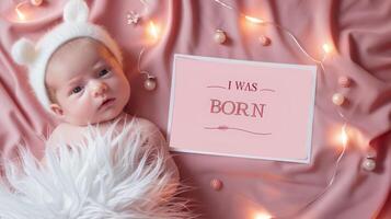 newborn on a pink background with the inscription I was born photo