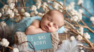 sleeping child in cotton with the inscription I was born photo