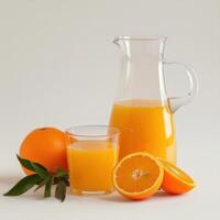 orange juice in a jug and glass and oranges photo
