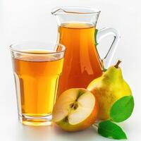 apple and pear juice in a jug and glass, and an apple and a pear next to it photo