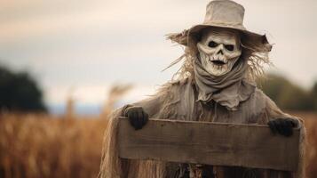 a scary scarecrow in rags and a hat with an empty wooden sign in his hands in the middle of the field. Halloween card photo