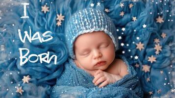 newborn on a blue background with the inscription I was born photo