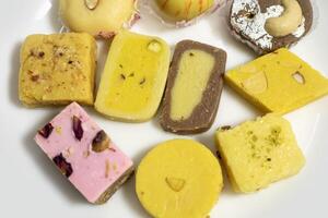 Top view of traditional Indian milk dessert made with milk and pulses during festivals. photo