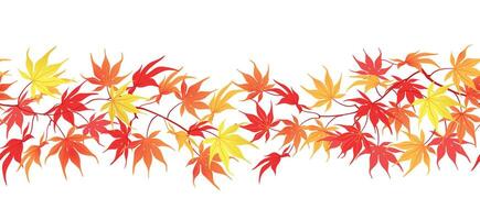 Autumn border on white background. Time of leaf fall. Red and orange leaves of Japanese maple in seamless horizontal pattern. illustration. vector