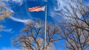 The US flag flutters in the wind against a background of tree branches and a cloudy blue sky photo