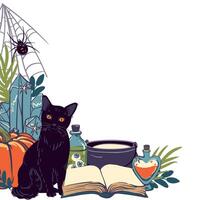 Composition of magical elements for Halloween. Attributes of witchcraft, black cat, grimoire, magic crystal, pumpkin, spider and potion. illustration in flat style. Concept of occultism vector