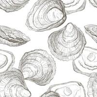 seamless pattern of oysters. Hand drawn oyster shells on white background, linear sketch. Engraving effect, ink fox. Clipart for packaging, menu. vector
