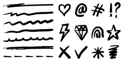 Bold brush Hand drawn doodle style collection of heart, scribble, star, check mark, spirals, rainbow, hashtag, lightning, and emphasis element. use for concept design. vector