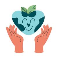 Kawaii character planet earth in the shape of a heart with hands eco friendly isolated vector