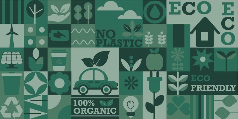 Geometric eco friendly background. Abstract nature in flat minimalist style. Bauhaus. Seamless pattern