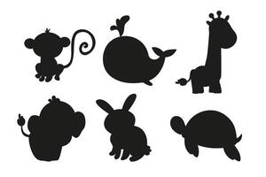 Set silhouette animal characters whale, giraffe, turtle, rabbit, elephant, monkey vector