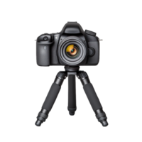 Professional DSLR camera mounted on a sturdy tripod with a transparent background for photography enthusiasts and experts png