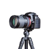 Professional DSLR camera mounted on a tripod with a large zoom lens, ideal for high-quality photography on a transparent background. png