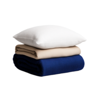 Stack of cozy textiles including a white pillow and two folded blankets in beige and blue on a transparent background png