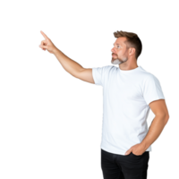 Man in white t-shirt pointing upward on transparent background with confident expression and casual attire png