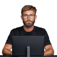 Confident man with beard working on computer against a transparent background png