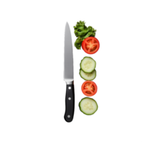 Knife with slicing of fresh vegetables including tomato, cucumber, and lettuce on a transparent background. png