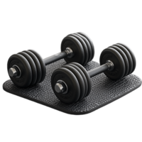 Pair of adjustable dumbbells on a textured mat with transparent background, ideal for strength training and fitness enthusiasts png