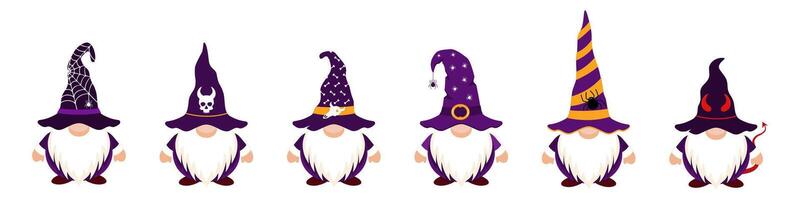 Cute halloween gnomes with creepy hat. Festive characters with cobwebs and skulls on their hats and demonic horns for designer witchcraft parties vector