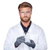 Scientist with beard and glasses wearing a lab coat and gloves, holding test tubes on a transparent background png