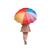 Girl holding a colorful umbrella, standing with her back turned on a transparent background png