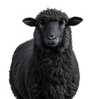Close-up of a black sheep with curly wool staring directly at the camera on a transparent background png