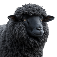 Close-up of a black sheep's face with curly wool on a transparent background png