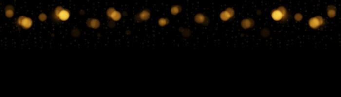 horizontal banner many Golden bokeh circles, golden particle on black background. Yellow and Orange light circular design along the top edge of the banner. Background with copyright. vector