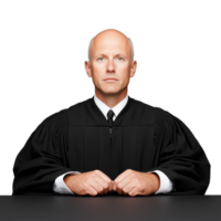 Bald man in judge's robe sitting at a desk with a serious expression on a transparent background png