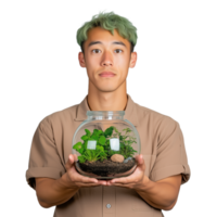 Man with mint green hair holding a glass terrarium with plants on a transparent background png