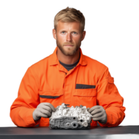 Man in orange mechanic uniform holding a car part with a focused expression on a transparent background png