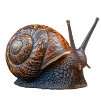 Photo of a snail with a spiral shell and antennae extended on a transparent background png