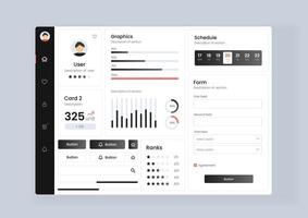 analytics dashboard user interface with diverse data visualization. Analytics dashboard user interface that includes a variety of charts and tables for efficient data management and monitoring. vector