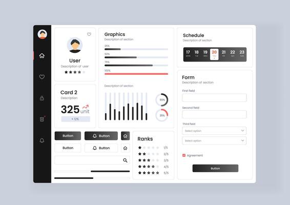 analytics dashboard user interface with diverse data visualization. Analytics dashboard user interface that includes a variety of charts and tables for efficient data management and monitoring.